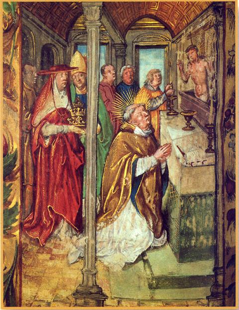 Nagy Szent Gergely pápa (miniatúra), fotó: Hapák József. In: Konrad Mörlin imakönyve, Augsburg, 1505, Országos Széchényi Könyvtá